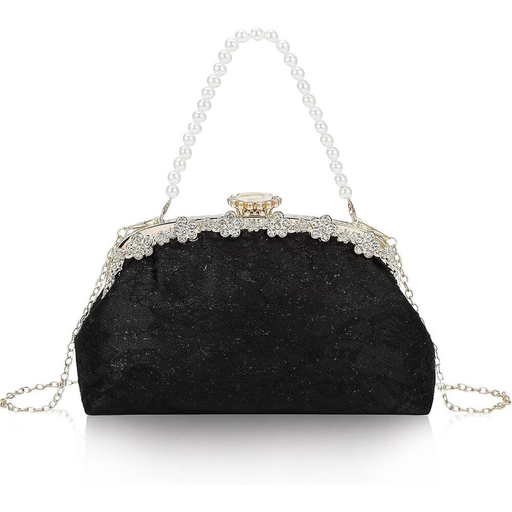 ⚡ Women's Fabric Lace Pearl Chain Rhinestones Black Shoulder Clutch Bag